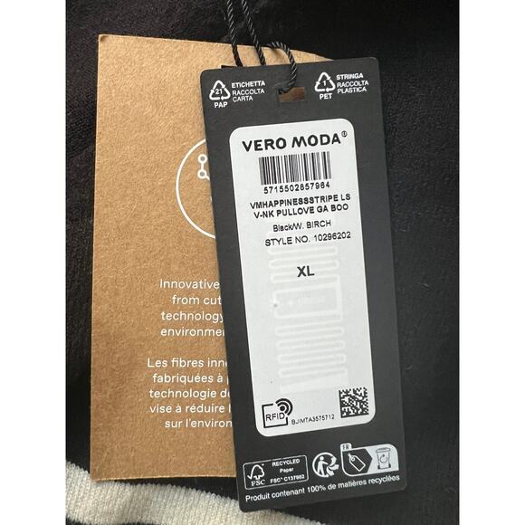 Vero Moda Happiness Black Cream Striped Fine Knit Pullover Sweater Women XLarge - Picture 11 of 12